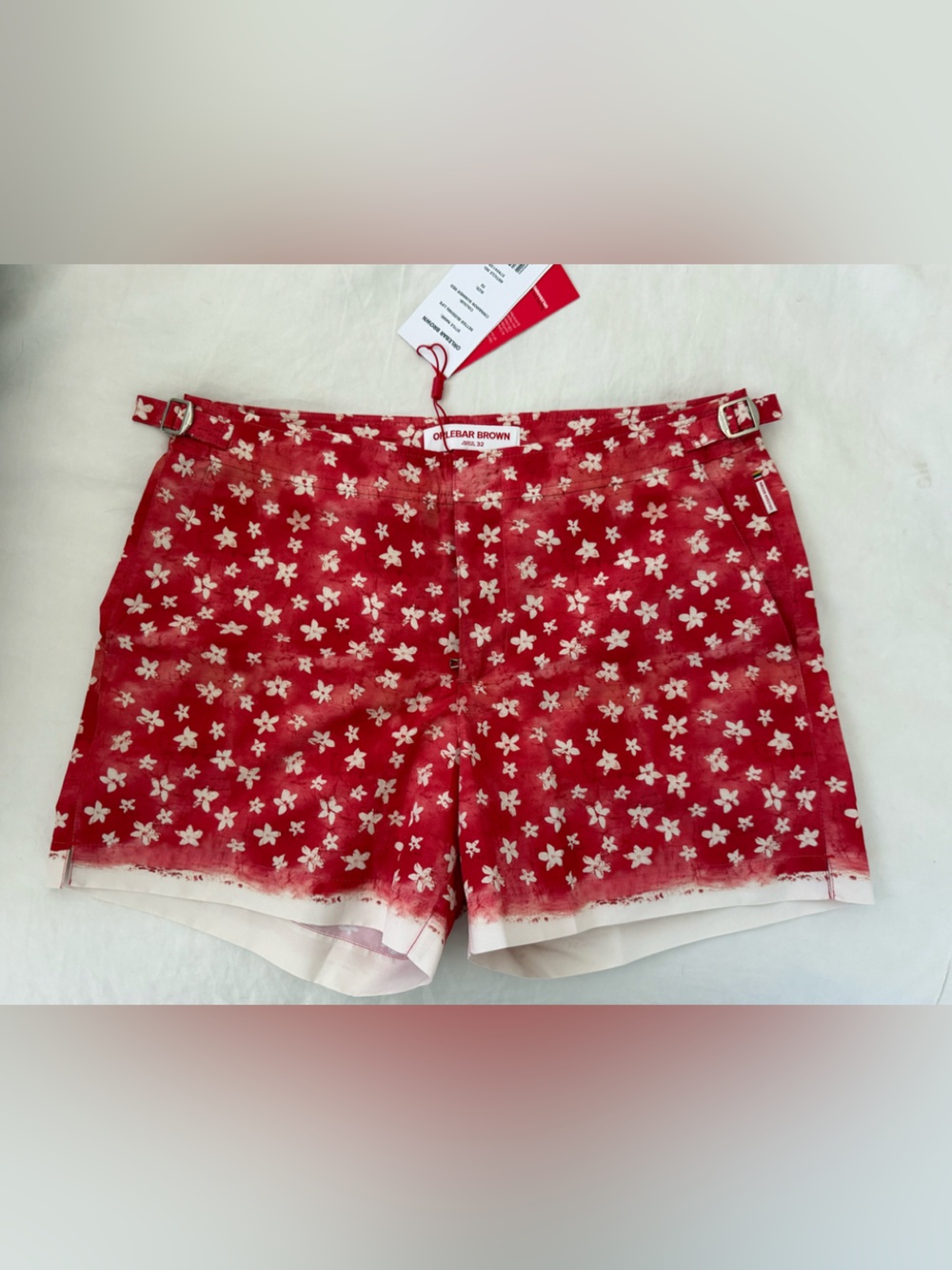Orlebar Brown Red Floral Print Fabric with White Blossoms